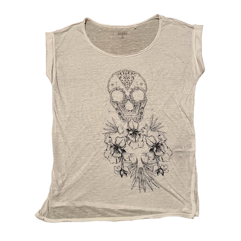 Guess white sheer tee t-shirt with skull print size large
